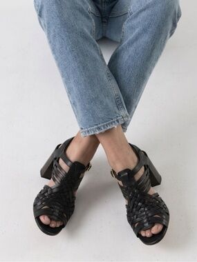 Tory Burch Black Woven Leather Block Heel Sandals